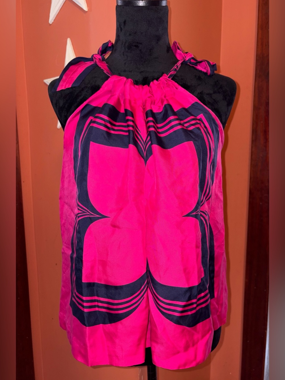 Marc By Marc Jacobs %100 Silk Hot Pink tie-up Halter Top with Navy design